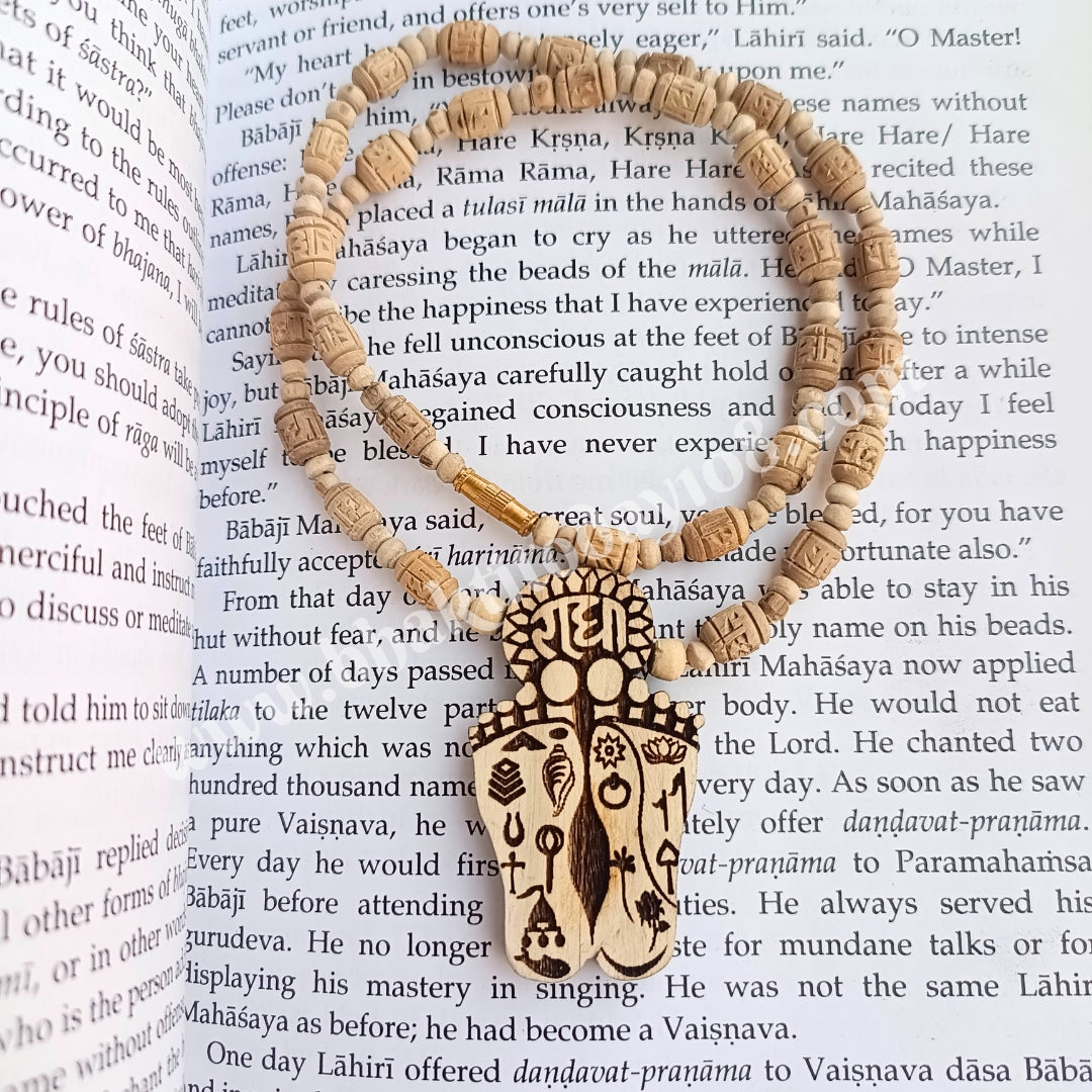Radharani Charan Locket Pure Tulsi Mala, crafted with sacred Tulsi beads and featuring a divine Radharani Charan locket, perfect for chanting, meditation, and enhancing spiritual devotion.