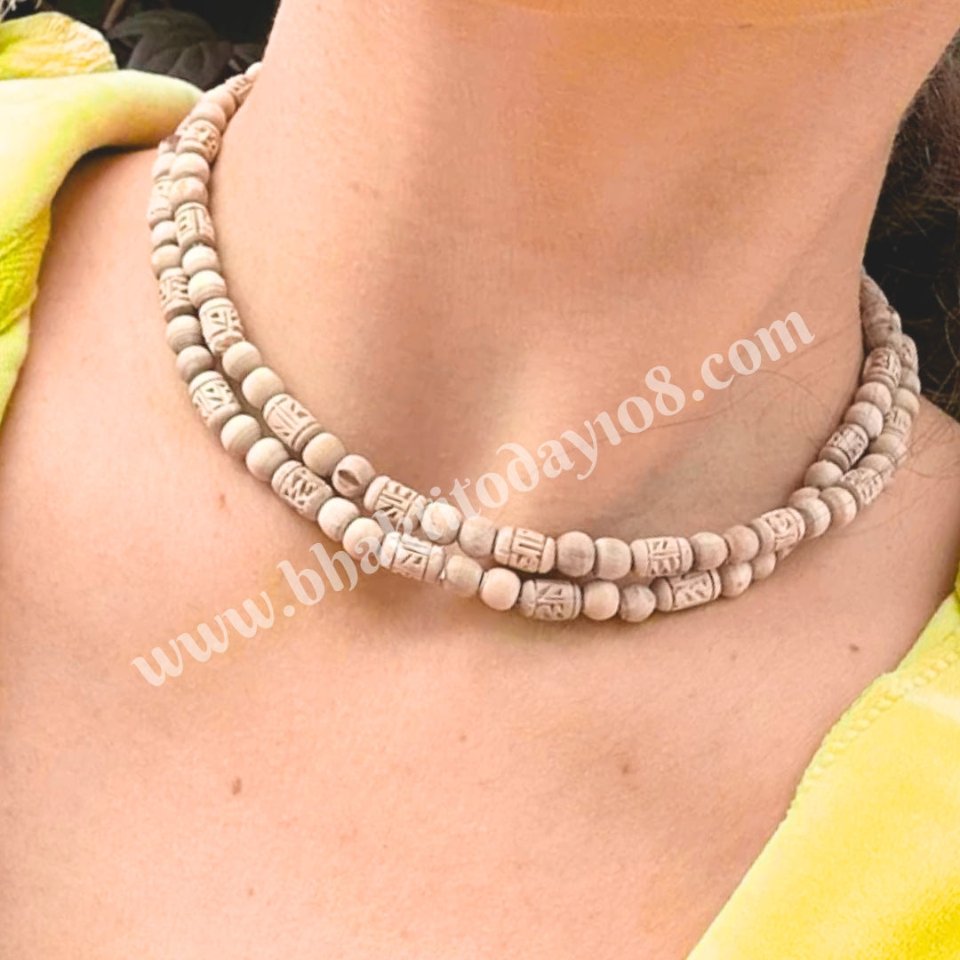 2 Round Radha Naam Tulsi Mala, made with sacred Tulsi beads, perfect for chanting and meditation, featuring a divine Radha Naam design.