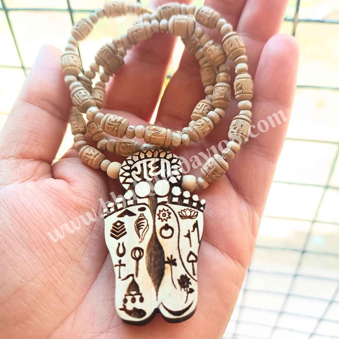 Radharani Charan Locket Pure Tulsi Mala, crafted with sacred Tulsi beads and featuring a divine Radharani Charan locket, perfect for chanting, meditation, and enhancing spiritual devotion.